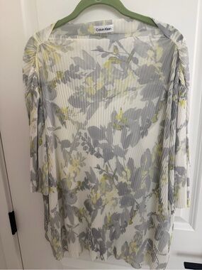 Calvin Klein Sheer Pleated Floral Tunic — White, Gray & Yellow